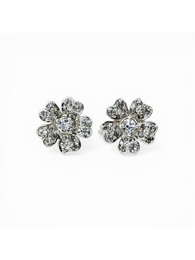 Vintage Keyes Rhinestone Flower Earrings Screw Back Silver Tone Bridal Cluster